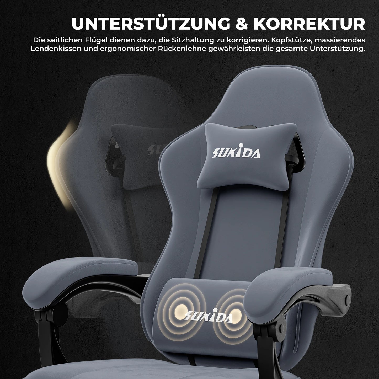 SUKIDA Gaming-Stuhl mit Fußstütze, PC-Stuhl im Racing-Stuhl-Design, ergonomischer Bürostuhl, verstellbar mit Lordosenstütze