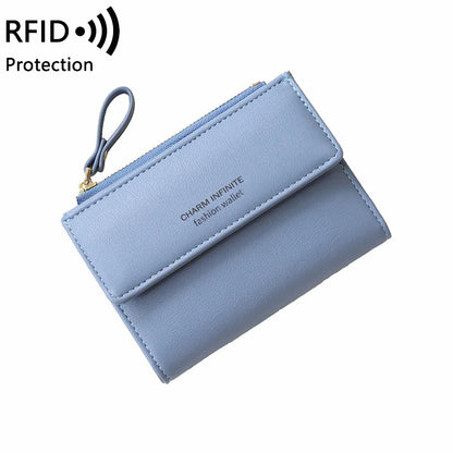 RFID Anti-Theft Short Card Bag for Women, Brush, PU, Solid Color, Zipper Buckle, Multi-functional Fashion, Small Purse