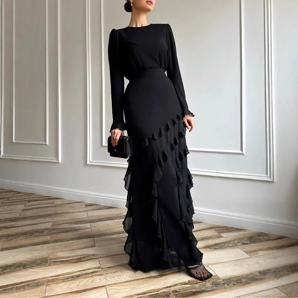 Muslim 2 Piece Set Women Party Skirt Top Suit Ruffles Ramadan Morocco Dubai Islam Ensemble Femme 2025 Arabic Long Skirts Outfits.