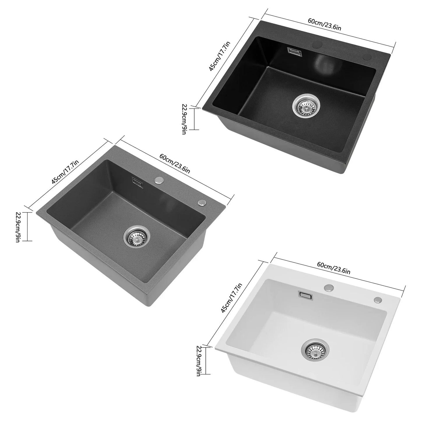 Küchenspüle, Quarzstein-Waschbecken, Abflussrohr, Abflusskorb, 55 x 45 cm, drehbarer Abfluss, Waschbecken für Badezimmer