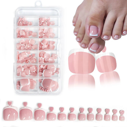 120Pcs Glossy Nude Pink French Press-On-Toenail Set 1*Box Short French Square  Fake Toe Nails Solid-Color Manicure Toenails Tips