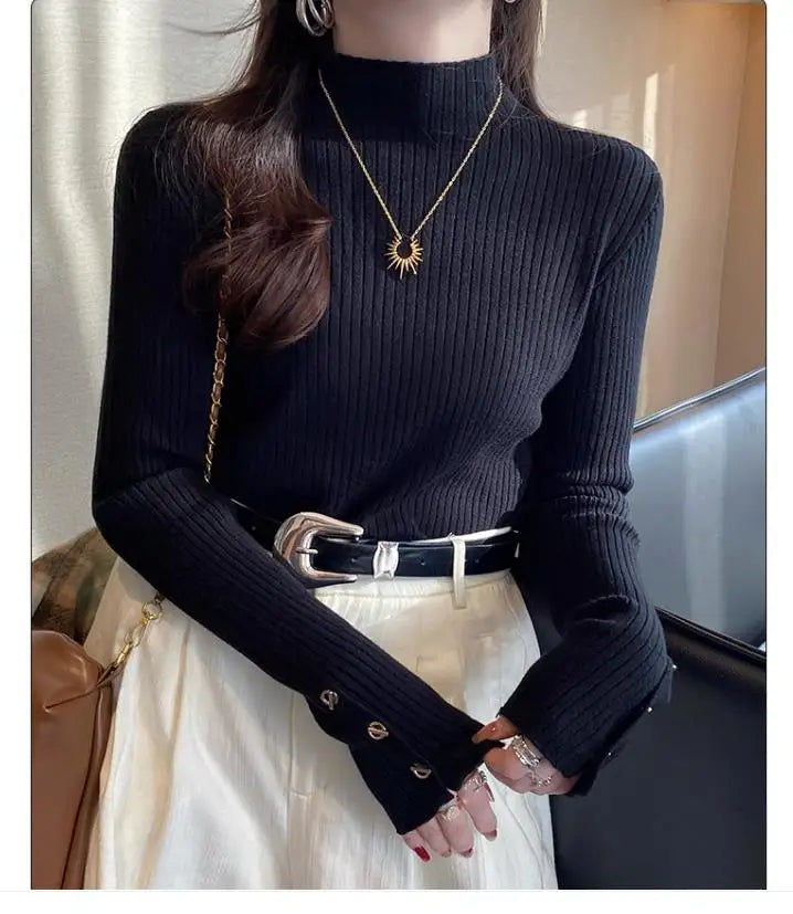 2025, weibliche Casual Tops Pullover Frauen Herbst Winter Gestrickte Dünne Pullover Feste Taste Volle Hülse Halb Hohen Kragen Pullover