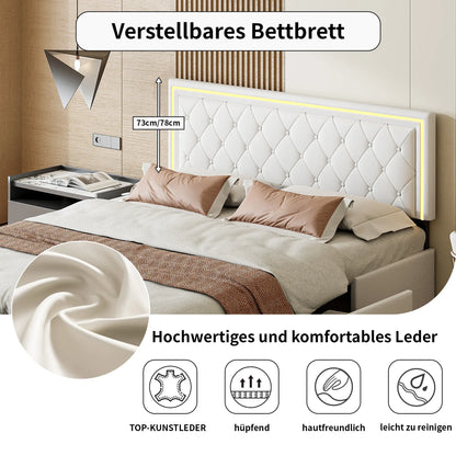 Lazyspace PU-Polsterbett, weißes Einzel- und Doppelbett mit Lattenrost, Holz, mit 4 Schubladen und LED-Kopfteil