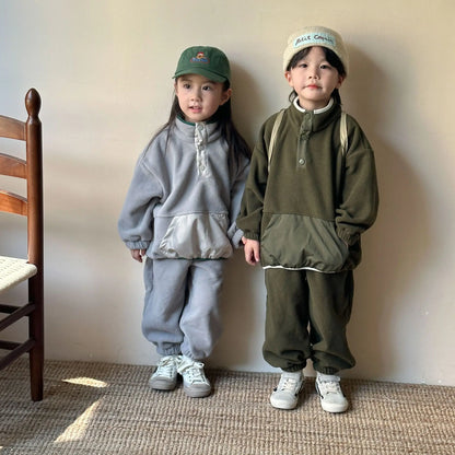 2025 Winter New Children Polar Fleece Sweatshirt Set Boys Girls Plus Velvet Thick Warm 2pcs Suit Kids Casual Sports Outfits.