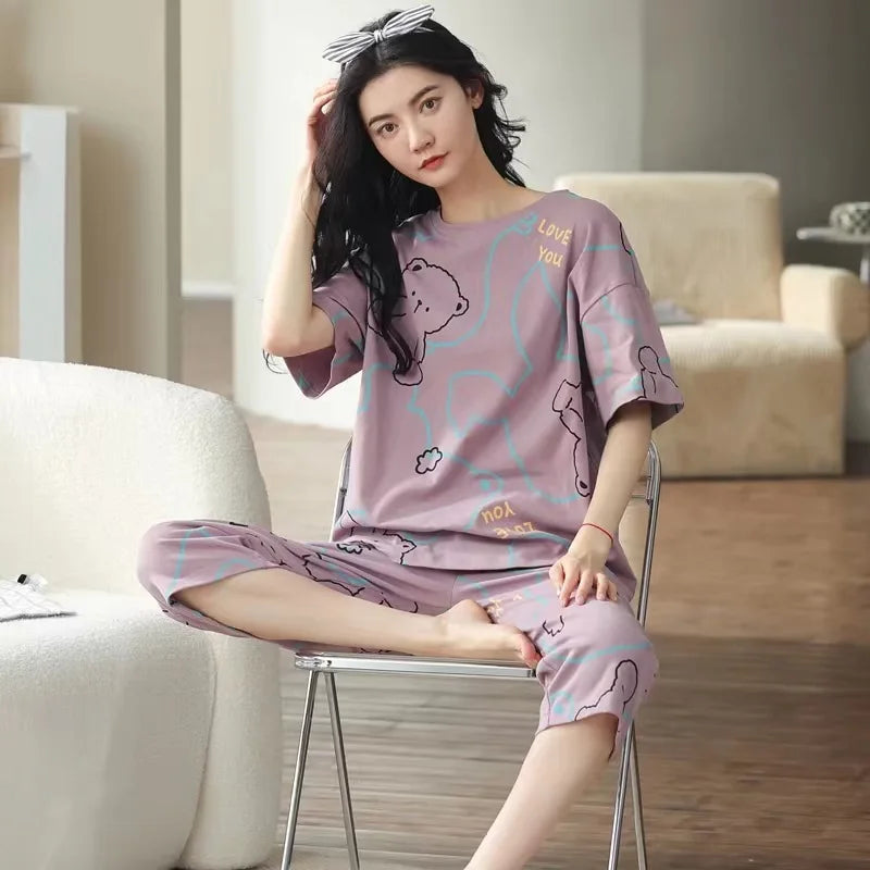 Sommer Neue Damen Pyjamas Homewear Set Kurzarm Pyjamas frauen Sommer Einfache Koreanische Cartoon Lose Große Größe Homewear.