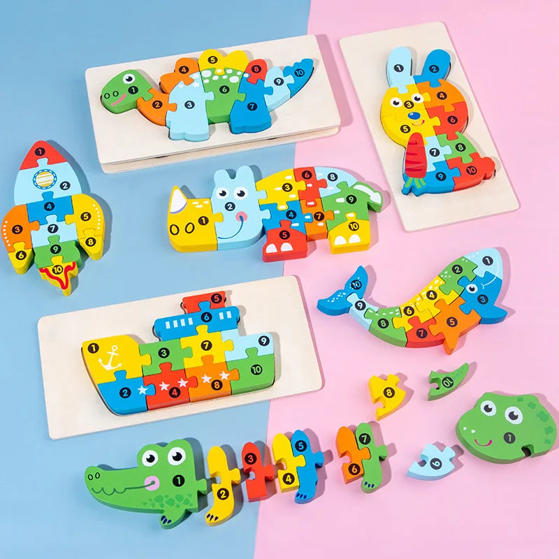 3D Stereoscopic Montessori Wooden Puzzle Cartoon Dinosaur Animal Shape Color Cognitive Educational Game Toy Kids Birthday Gift.