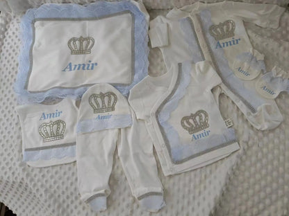 5pcs Handmade DIY Vinyl Name Personalized Baby Girl Newborn Jewels Crown Pink Take Me Home Layette 5 Piece Deluxe Gift Set