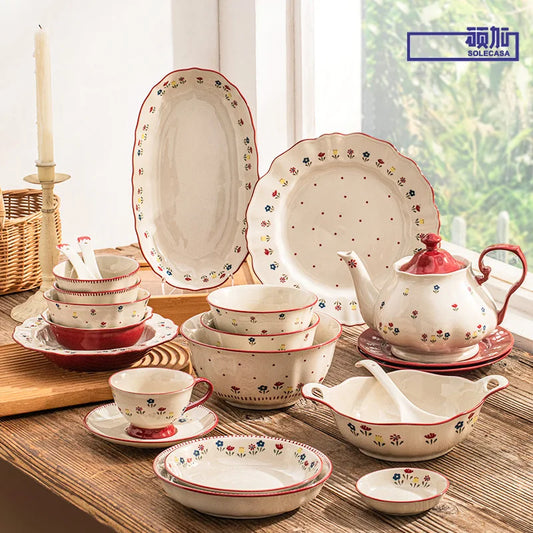 SOLECASA Ceramic Tableware Pastoral Style Rice Soup Bowl Fruit Salad Bowl Dish Pasta Dessert Plate Dinnerware Table Decoration.