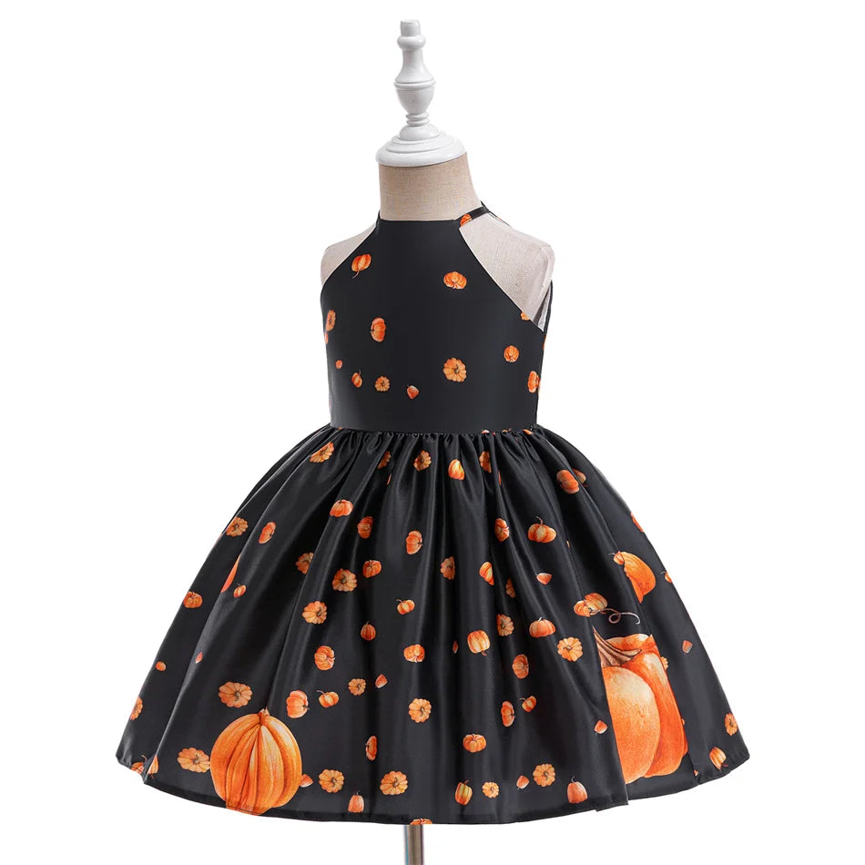 Kleinkind Halloween Kostüm Mädchen Cosplay Hexe Kürbis Skelett Druck Bowknot Kleid Kinder Festival Party Performance Kleidung