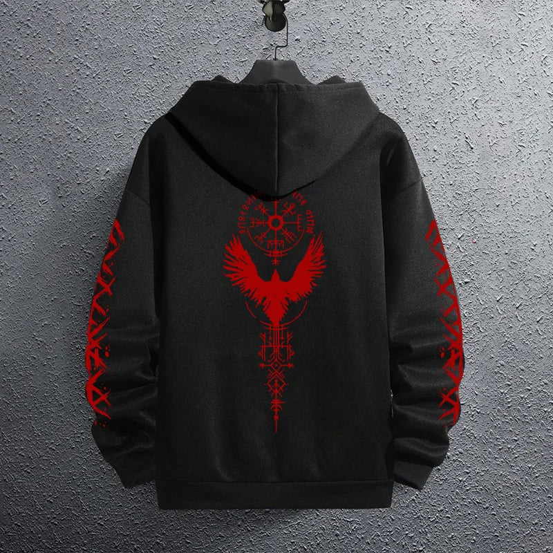 2025 Brand New Black Sweatshirts Autumn Winter Male Daily Casual Sporty Jogging Hoodie Men's Ancient Viking Raven Print Pullover.