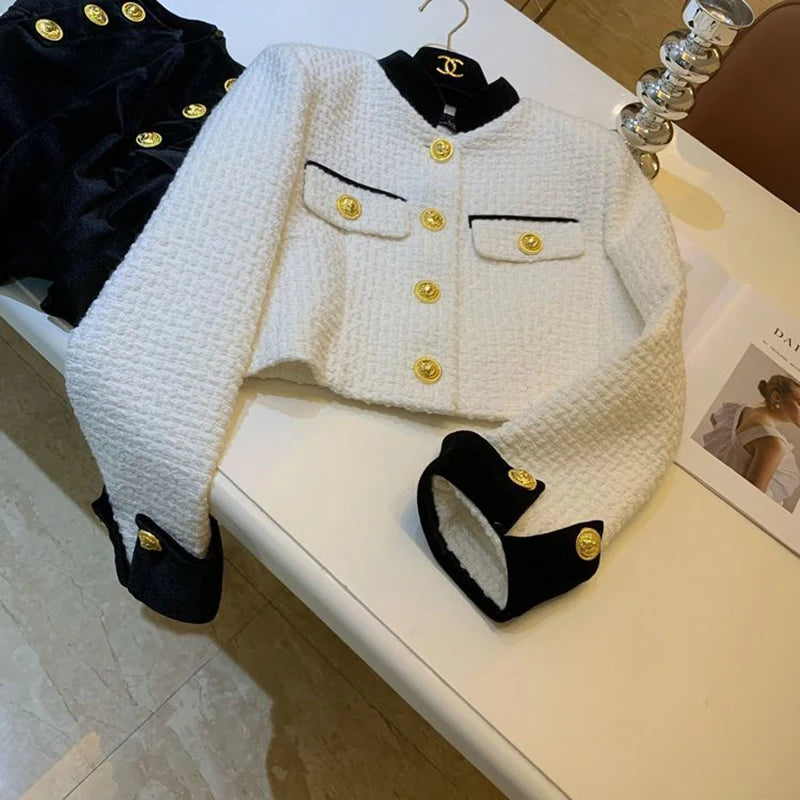 Mode Nähen Tweed Kurze Jacke Frauen Herbst Winter Elegante Büro Dame Mantel Y2K Koreanische O Neck Einreiher Crop Outwear.