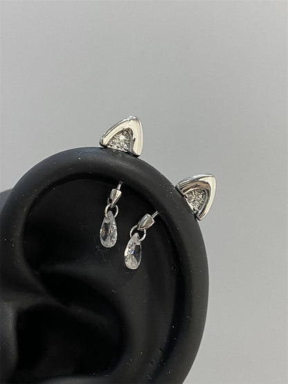 Silver Color Cat's Ear Droplet Shaped Zircon Stainless Steel Ear Bone Nail Earring for Women New Trendy Body Piercing Accessorie.
