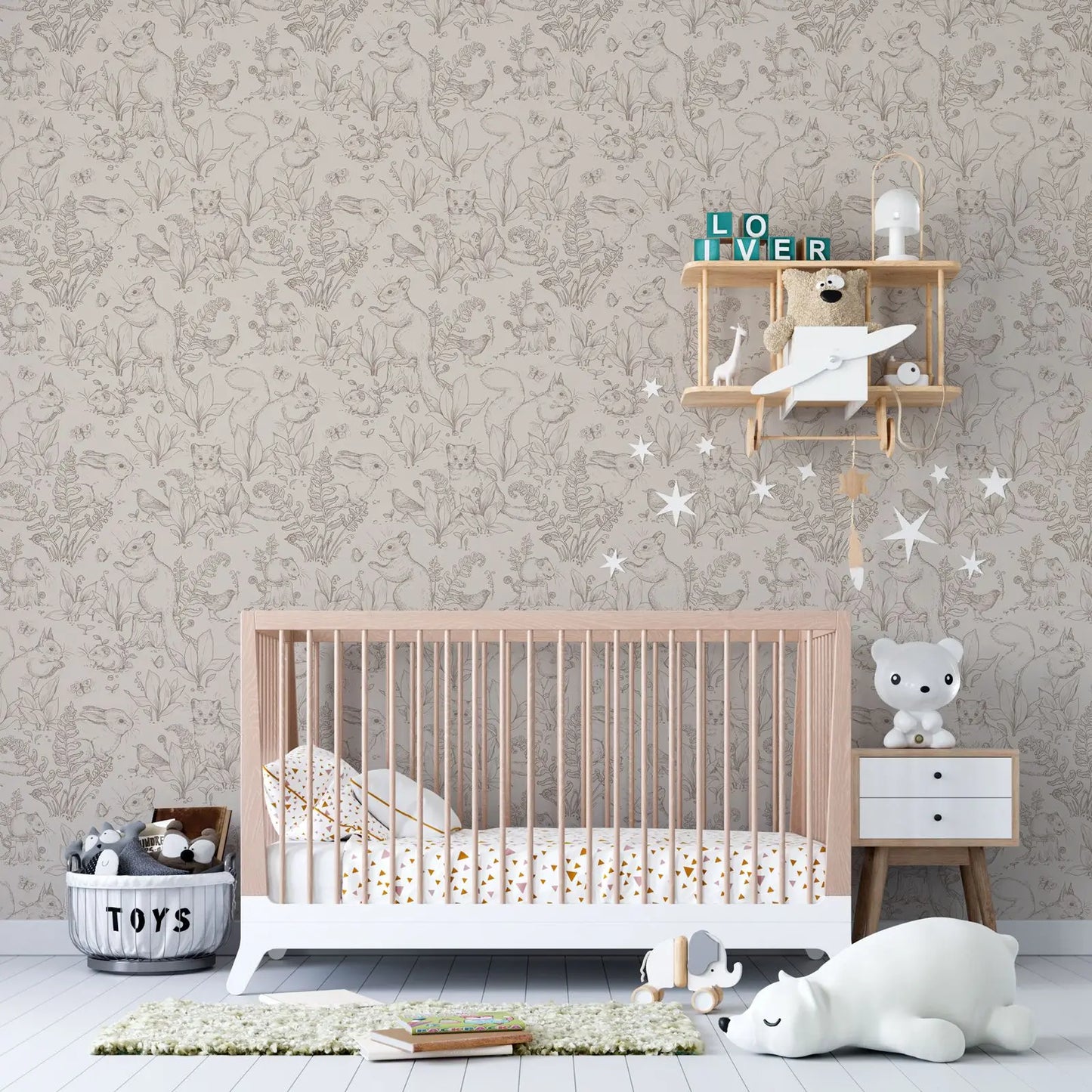 Waldleben Tapete Tapete. Beige Tapete mit Tieren im Waldstil mit Kaninchen und kleinem Prärenhund