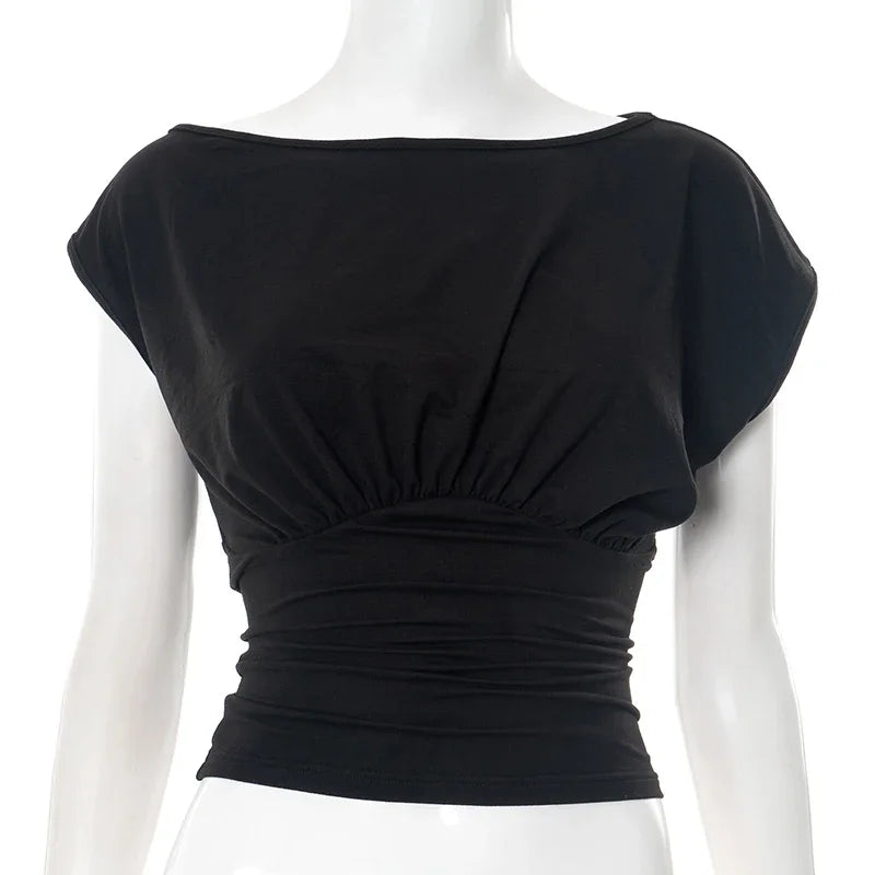 Solid Color One Shoulder Slant Neck Waist Shrinking Pleated Tank Top Women'S Summer New Casual Simple Fashion Tank Top.