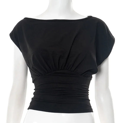 Solid Color One Shoulder Slant Neck Waist Shrinking Pleated Tank Top Women'S Summer New Casual Simple Fashion Tank Top.