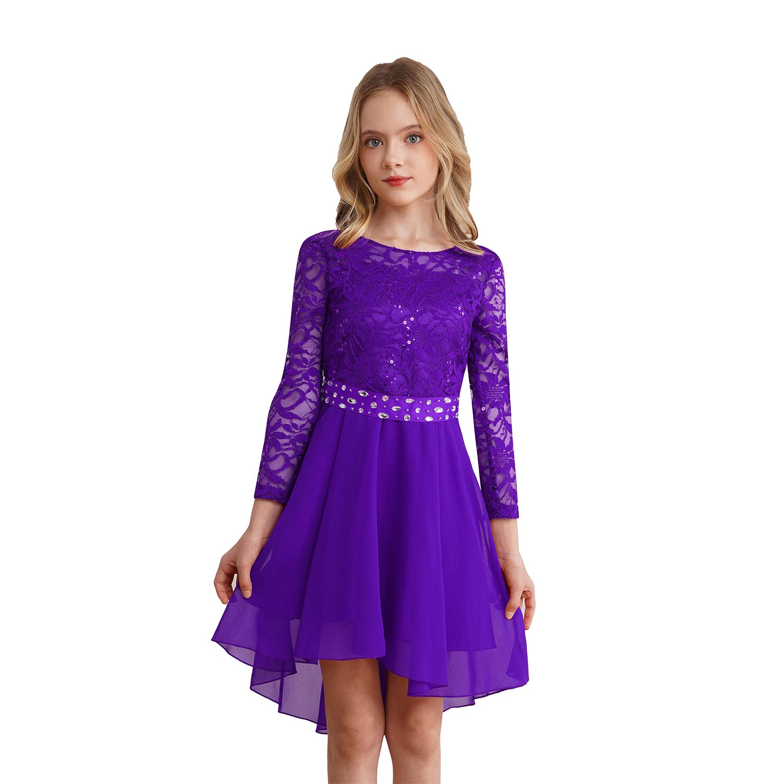 Elegantes Spitzen-Partykleid für Kinder, Mädchen, Chiffon, Spleißen, langärmelig, Kleid mit hohem und niedrigem Saum und Strass-Schärpe für Hochzeit, Geburtstag.