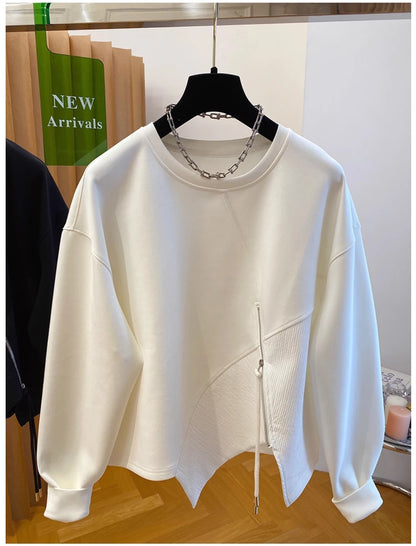 Autumn and Winter Women's Pullover Round Neck Hoodie Lazy Style Splicing Design Loose Long Sleeve Tops.