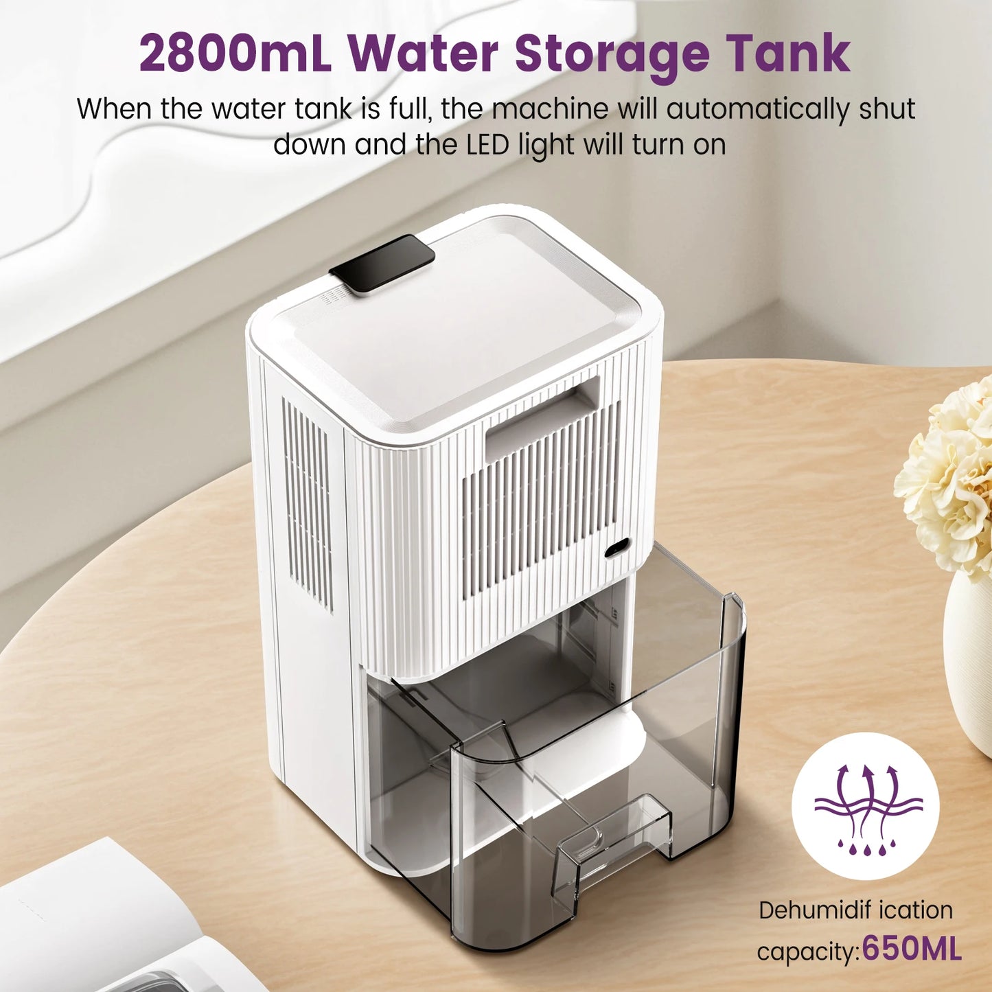 LOEFME Silent Dehumidifier 2.8L Large Air Dehumidifier 650ml/Day with Touch Display LED Light for Home Bedroom Office Basement.