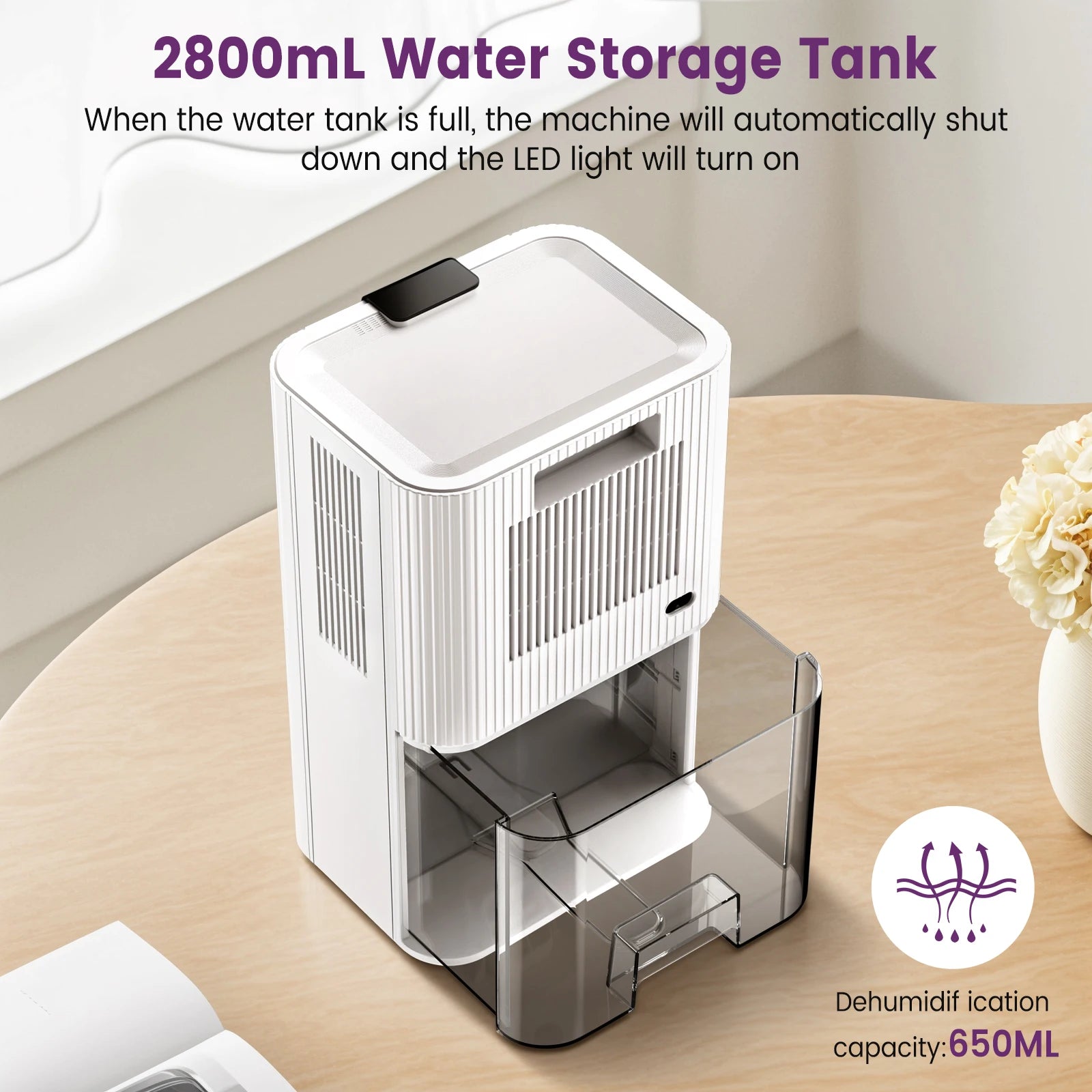 LOEFME Silent Dehumidifier 2.8L Large Air Dehumidifier 650ml/Day with Touch Display LED Light for Home Bedroom Office Basement.