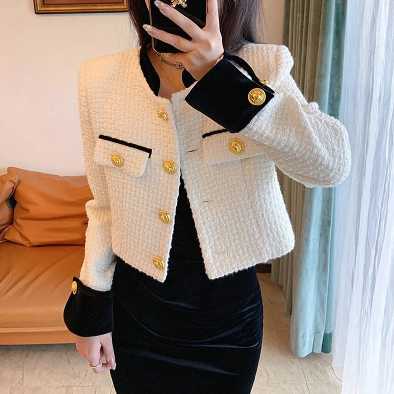 Mode Nähen Tweed Kurze Jacke Frauen Herbst Winter Elegante Büro Dame Mantel Y2K Koreanische O Neck Einreiher Crop Outwear