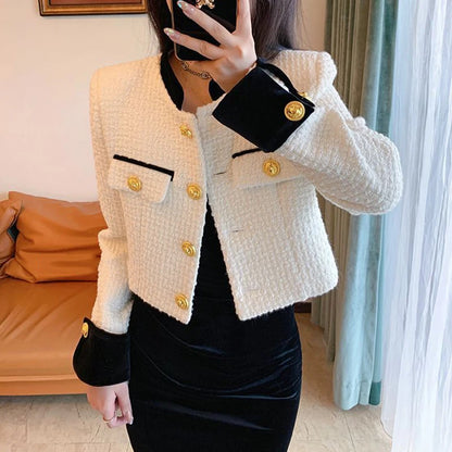 Mode Nähen Tweed Kurze Jacke Frauen Herbst Winter Elegante Büro Dame Mantel Y2K Koreanische O Neck Einreiher Crop Outwear