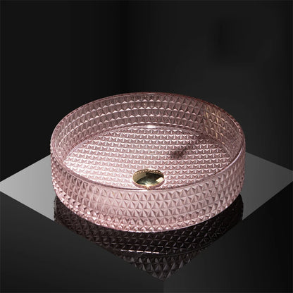 Luxuriöses Waschbecken aus Kristallglas, Badezimmer-Waschbecken, rosa Arbeitsplatte, Kunstbecken, rundes Mini-Schüsselbecken, Waschraum-Waschbecken mit Wasserhähnen
