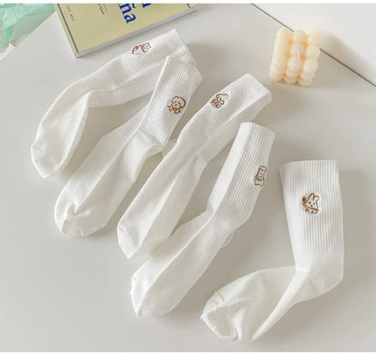 5 Pairs of White Women's Embroidered Socks for All Seasons Cotton Socks Mid-high Tube Student Cartoon Sports Socks.