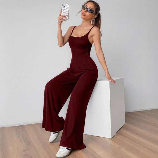 Fashionable Solid Color High Waist Bell Bottom Jumpsuit Backless Strap Casual Women's Long Pants One Piece Suit Female.