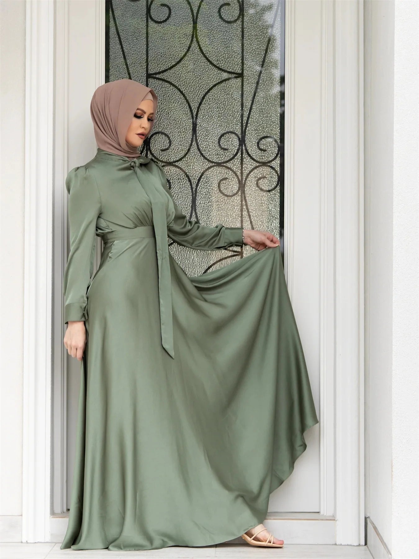 Elegant Satin Dress for Women Muslim Fashion Abaya Hijab Dubai Turkey Evening Dresses Arabic Kaftan Robe Female Islamic Clothing.