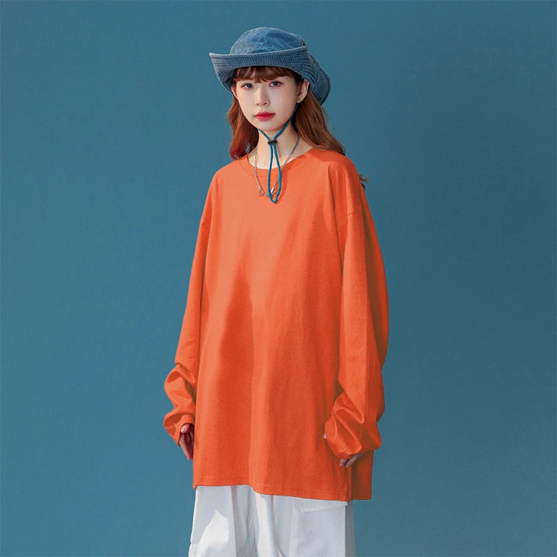 COUTUDI-Oversized T-Shirt for Women, Loose Pullover,Long Sleeve, Casual 100% Cotton Tee Shirt, Lady Tops, Korean Streetwears