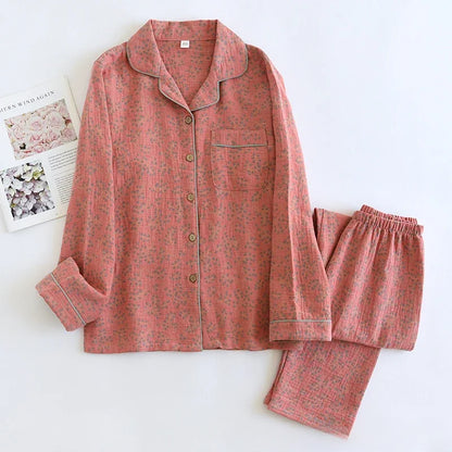 100% Cotton Crepe Homeclothes 2023 Autumn/Winter Women's Pajamas Suit Long-Sleeved Trousers 2-piece Yarn-Dyed Jacquard Pajamas