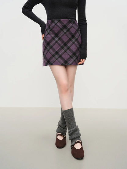 FSLE Autumn Party Skirt High Waist Retro Plaid Knit WoolShort Skirt For Women 2025 Fall Winter New Arrival Y2K Mini A-line Skirt.