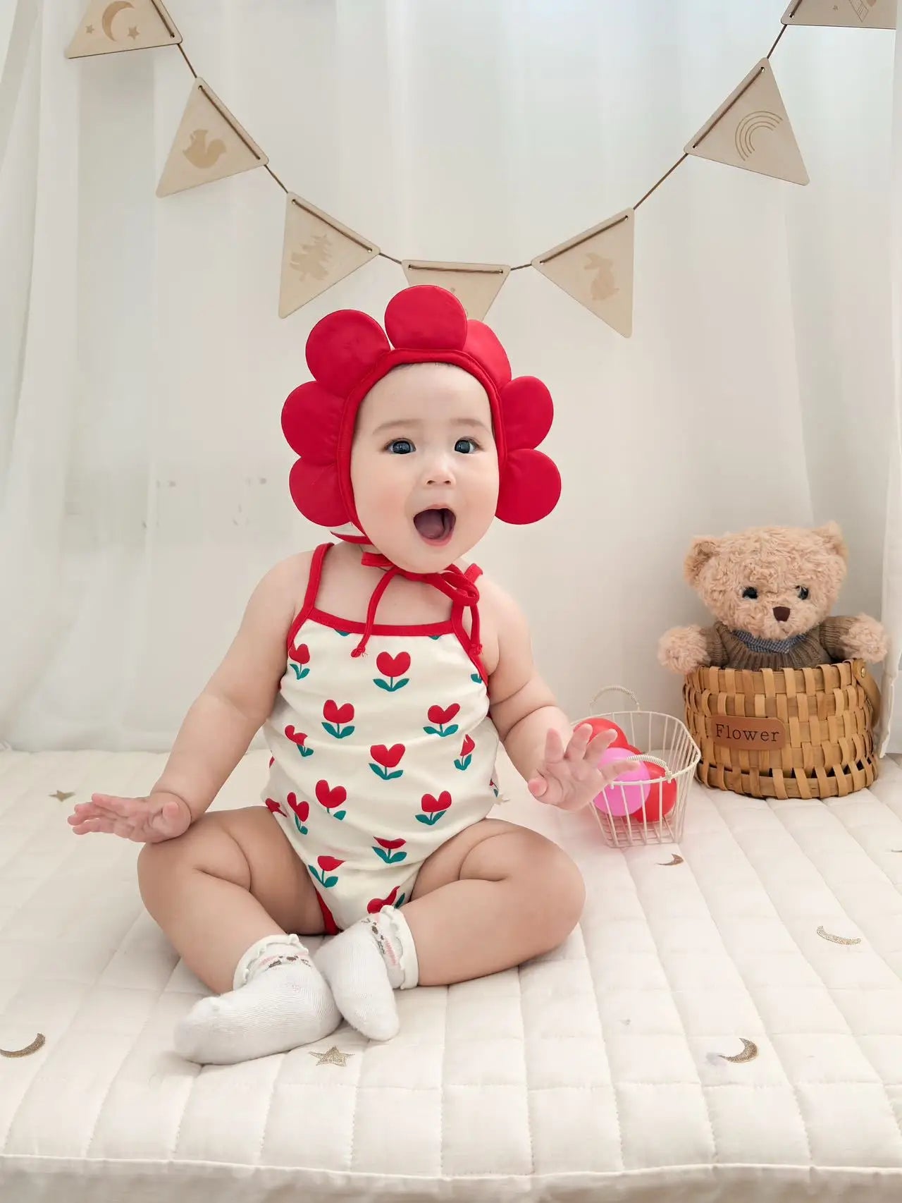 Baby Ein Stück Kleidung 2025, Sommer Koreanische Baby Body Ins Blume Voll Gedruckt Baby Sling Klettern Kleidung Mit Hut.