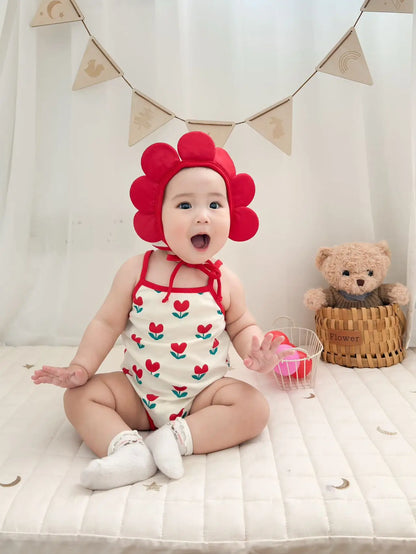 Baby Ein Stück Kleidung 2025, Sommer Koreanische Baby Body Ins Blume Voll Gedruckt Baby Sling Klettern Kleidung Mit Hut.