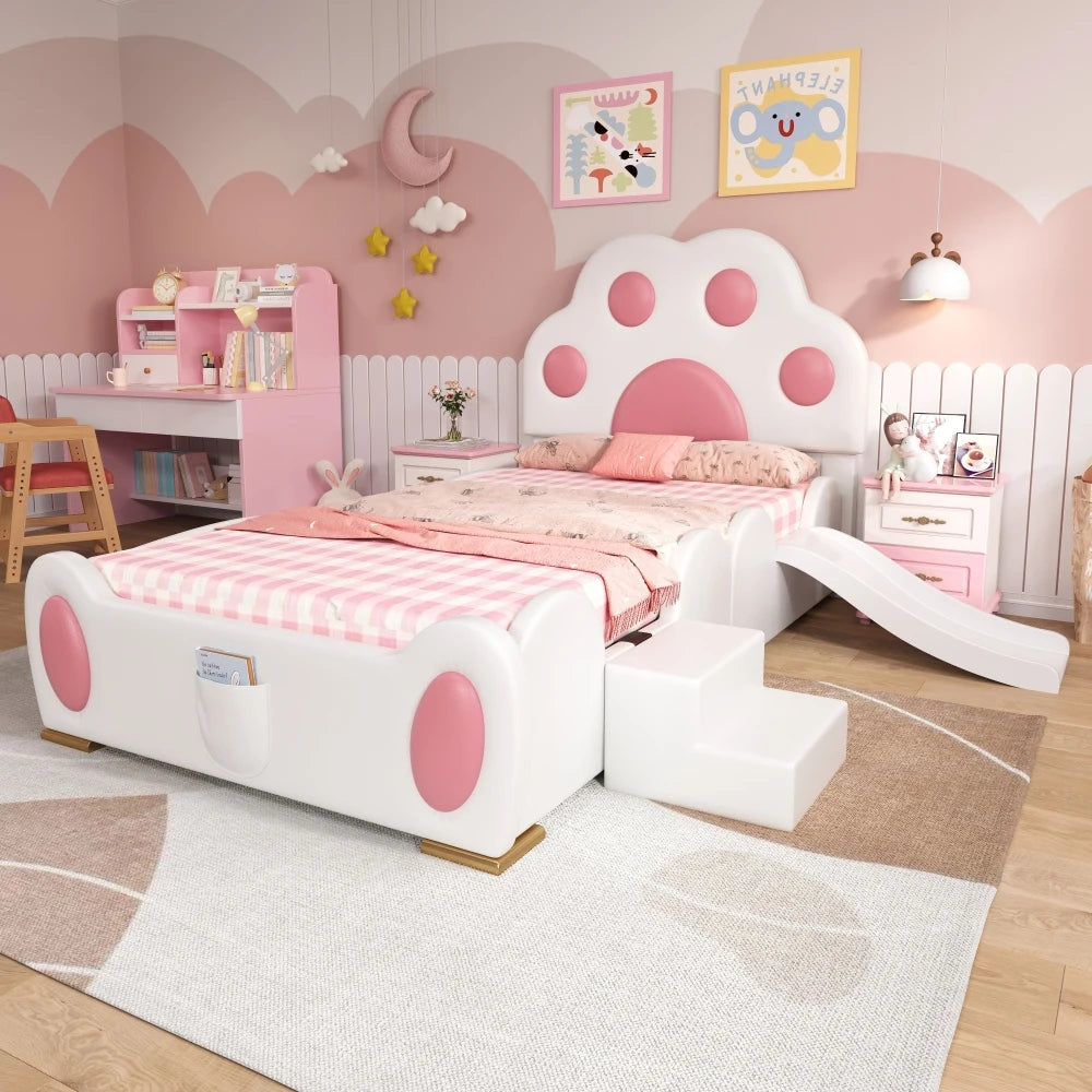 Cartoon süßes rosa Prinzessinnenbett, gepolstertes Bett, 90 x 200 cm, mit Kinderrutsche und zweistufiger Leiter, für Mädchenschlafzimmer