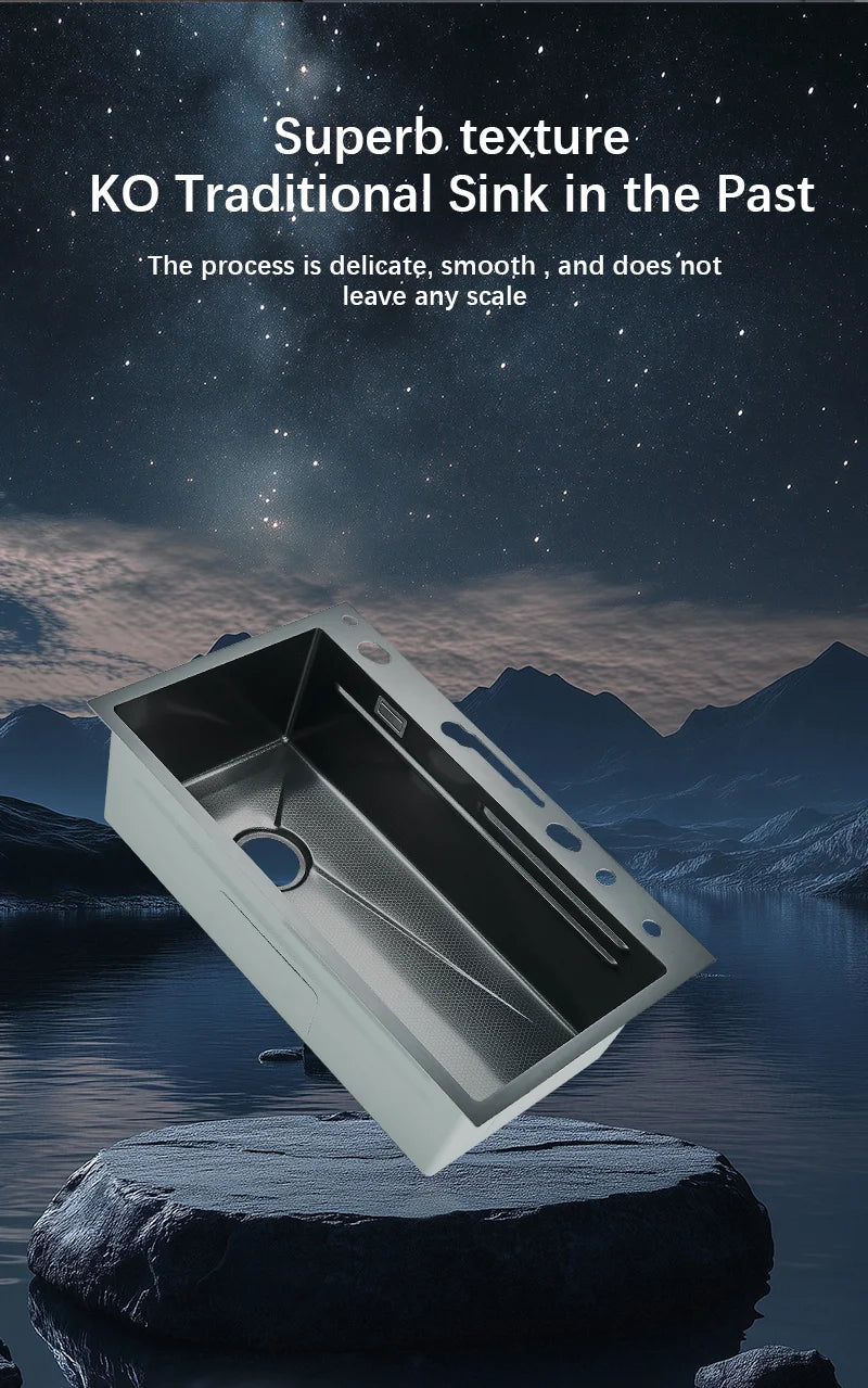 Wasserfall-Küchenspüle aus Edelstahl 304, großes Einzelschlitz-Wasserhahn-Set mit integrierter Digitalanzeige, Seifenspender, Tassenwascher