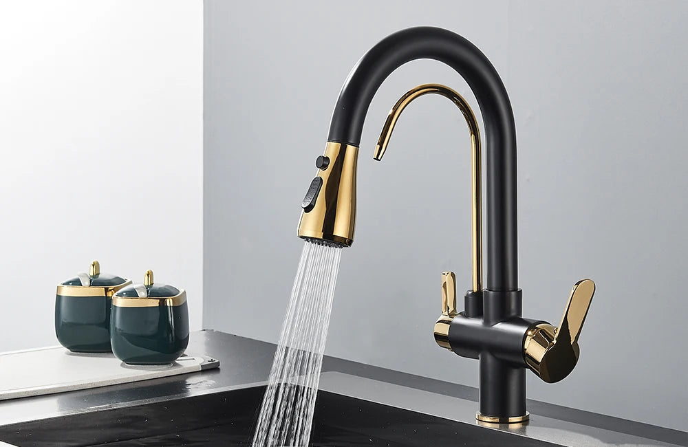 Quyanre Matte Black Filtered Crane For Kitchen Pull Out Spray 360 Rotation Water Filter Tap Three Ways Sink Mixer Kitchen Faucet