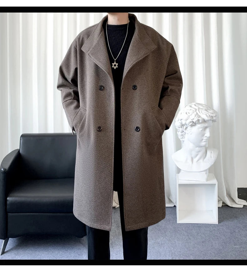 Korean Trend Men's Lapel coat Loose  Casual Double-breasted Overcoat Autumn Winter Fashion New Long Sleeve Woolen Coat.