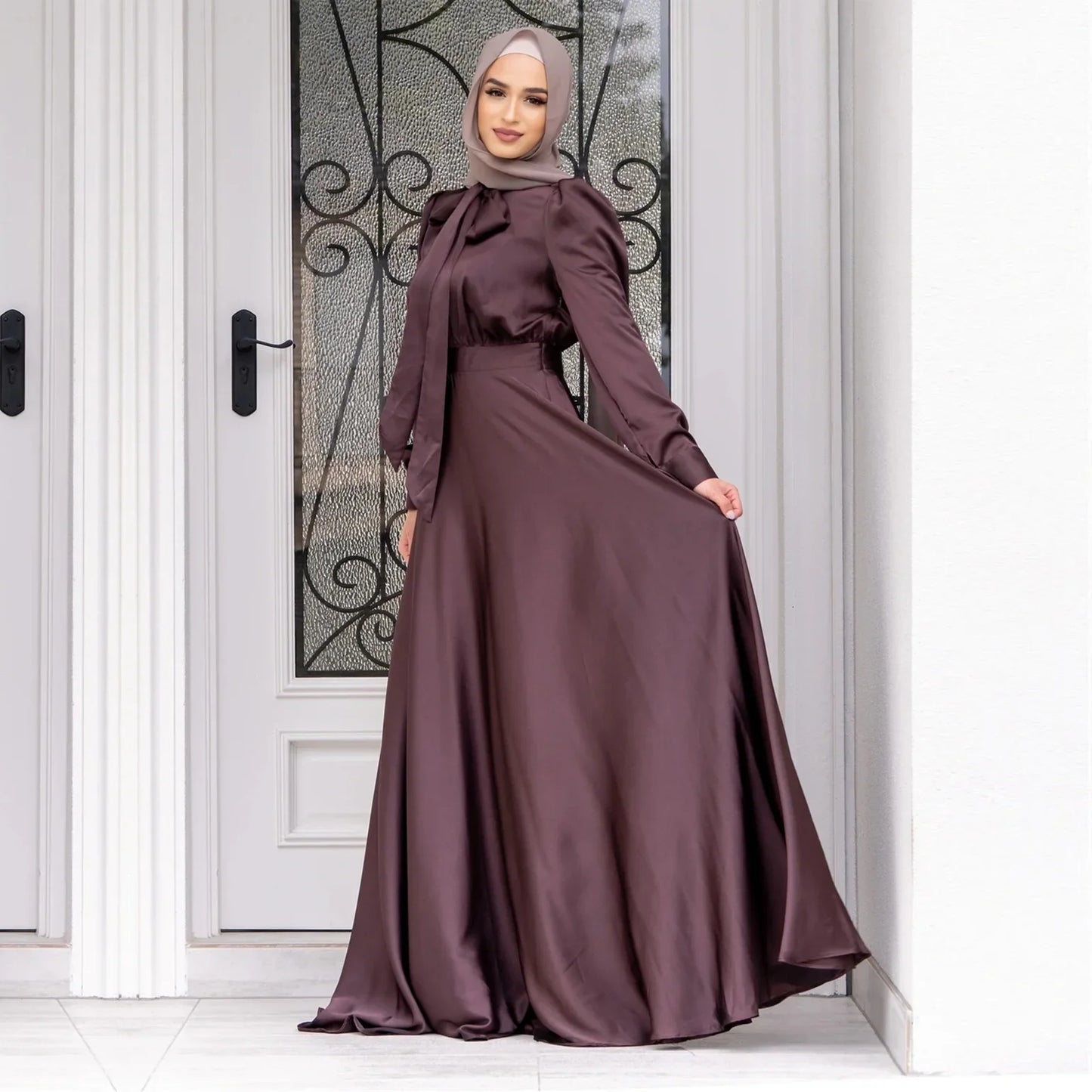 Elegant Satin Dress for Women Muslim Fashion Abaya Hijab Dubai Turkey Evening Dresses Arabic Kaftan Robe Female Islamic Clothing.
