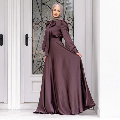 Elegant Satin Dress for Women Muslim Fashion Abaya Hijab Dubai Turkey Evening Dresses Arabic Kaftan Robe Female Islamic Clothing.