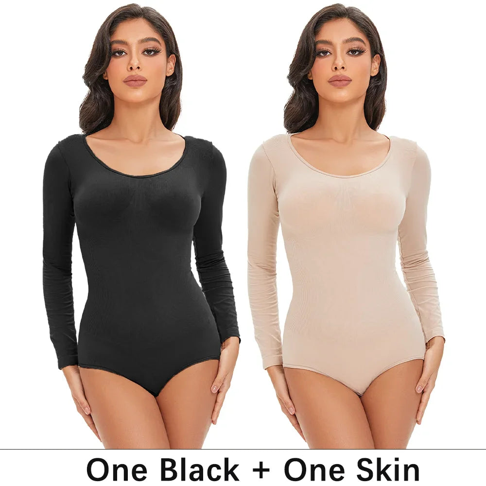 POKARLA Spandex Elastic Body Suit Shapewear Women Body Shaper Tummy Control Long Sleeve Open Crotch Round Neck Seamless Shapers.