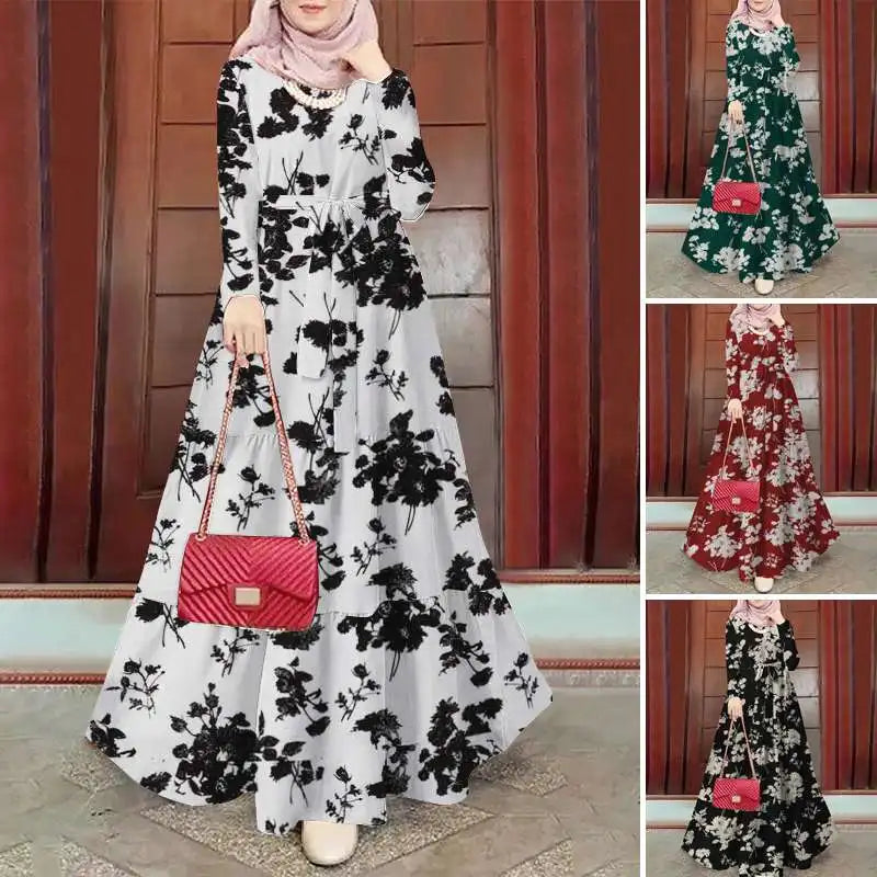 Zanzea Blumen druck böhmischen Maxi kleid Frauen Mode Langarm o Hals abgestufte Vestidos islamische muslimische Gürtel Abaya lange Roben.