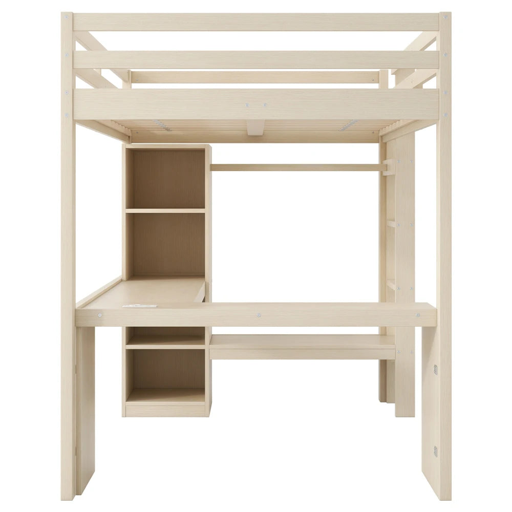 Modernes Kinder-Hochbett 140 x 200 mit Multifunktionsregalen, Unterbett-Schreibtisch, LED-Licht und USB, Kleiderschrank mit Stauraum, für Schlafzimmer