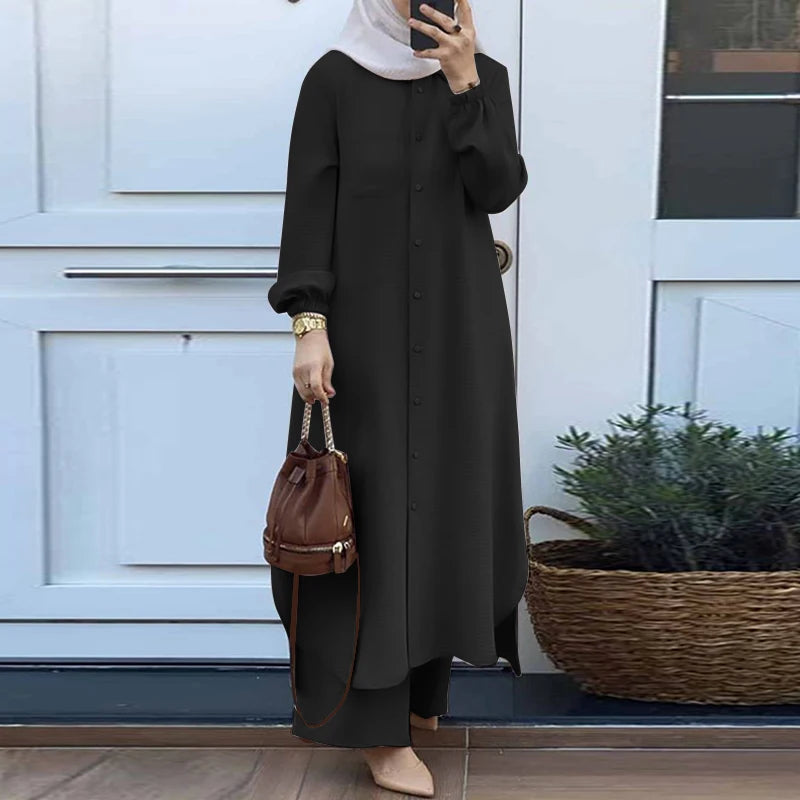 ZANZEA Herbst Muslimischen Sets Türkei Dubai Abaya Frauen Langarm-shirt Set Kausalen Hosen Anzüge Abayas Für Frauen IsIamic Outfits.
