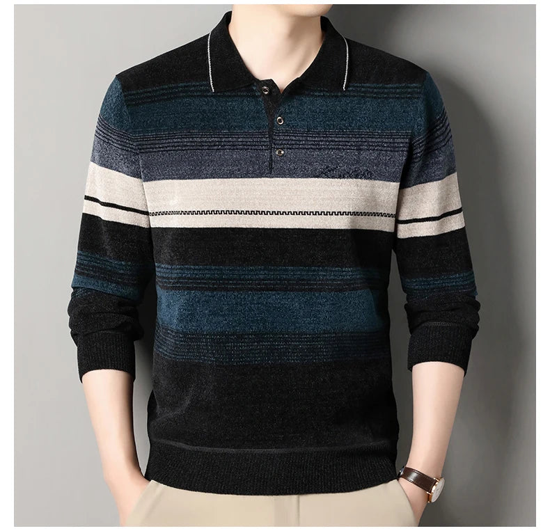 Men's Lapel Knit Pullover Sweater Autumn Winter Thick Warm Tops Casual Polo Collar T-shirt Knitting Polo Sweaters.