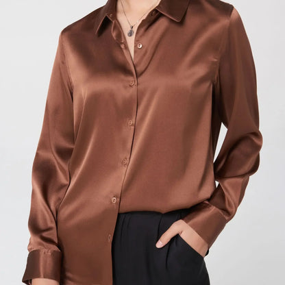 Woman Silk Shirt Long-sleeved Satin Women Blouse 19mm Mulberry Silk Blouse Loose Versatile Base Shirt 95% Natural Silk+5%Spandex