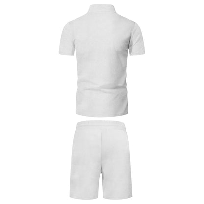 Men's Comfortable Short-Sleeved Waffle Polo Shirt And Shorts Set - Breathable Lightweight Spring/Summer Clothing.