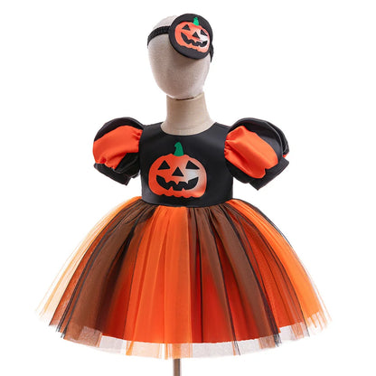 Kleinkind Halloween Kostüm Mädchen Cosplay Hexe Kürbis Skelett Druck Bowknot Kleid Kinder Festival Party Performance Kleidung