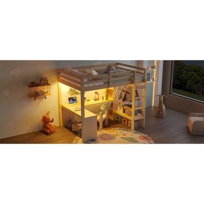 Modernes Kinder-Hochbett 140 x 200 mit Multifunktionsregalen, Unterbett-Schreibtisch, LED-Licht und USB, Kleiderschrank mit Stauraum, für Schlafzimmer