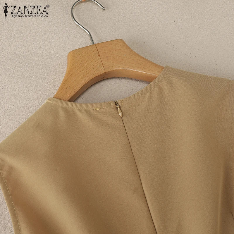 ZANZEA Elegante Frauen Plissee Midi Kleider Ausgestattet Taille Ärmel Solide Party Vestidos 2025, Sommer O Neck Pendeln Roben Femme.